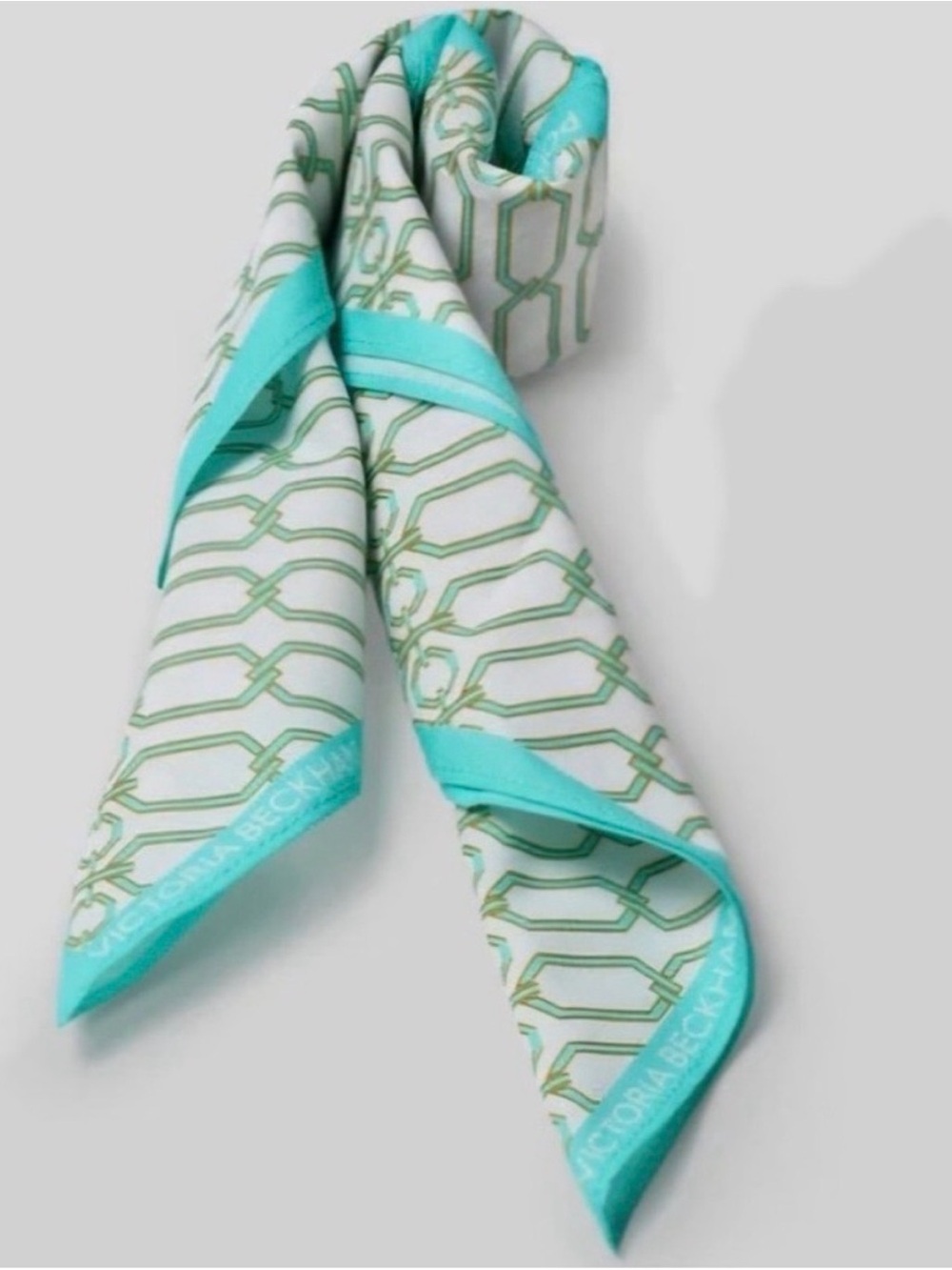 NEW Victoria Beckham Portofino Turquoise Trim Geometric Pattern Silk Scarf